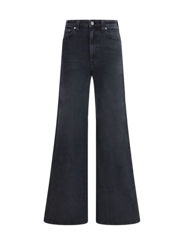 High-rise black wide-leg jeans with a classic five-pocket design, made from durable denim fabric. Perfect for casual and stylish outfits, offering a comfortable fit and modern look.