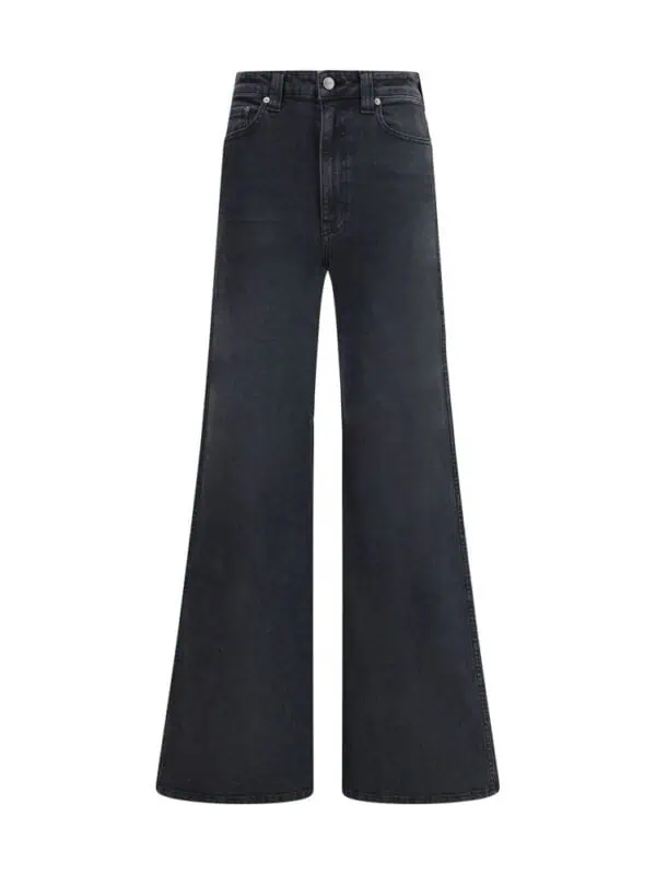 High-rise black wide-leg jeans with a classic five-pocket design, made from durable denim fabric. Perfect for casual and stylish outfits, offering a comfortable fit and modern look.