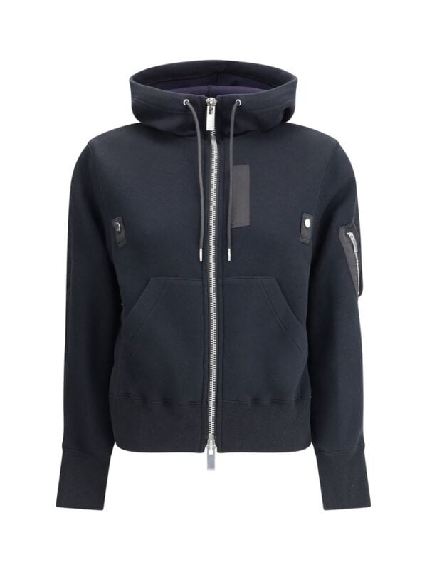 Black designer hoodie with a full front zipper, adjustable drawstring hood, and multiple stylish pockets for a modern streetwear look. Perfect for casual or athletic wear.