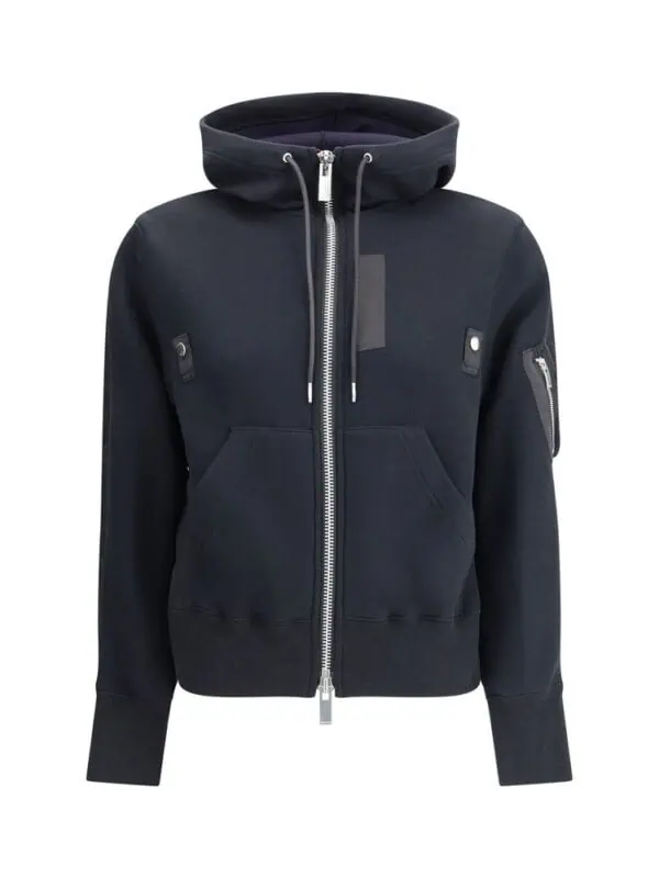 Black designer hoodie with a full front zipper, adjustable drawstring hood, and multiple stylish pockets for a modern streetwear look. Perfect for casual or athletic wear.