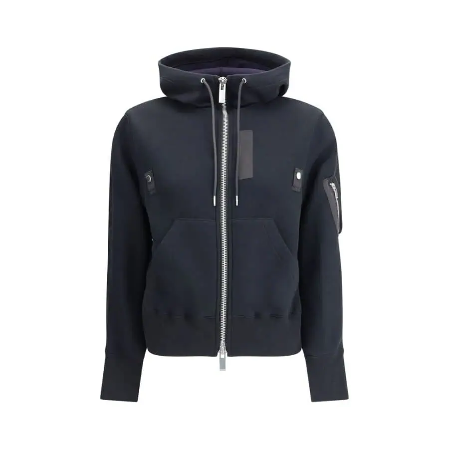 Black designer hoodie with a full front zipper, adjustable drawstring hood, and multiple stylish pockets for a modern streetwear look. Perfect for casual or athletic wear.