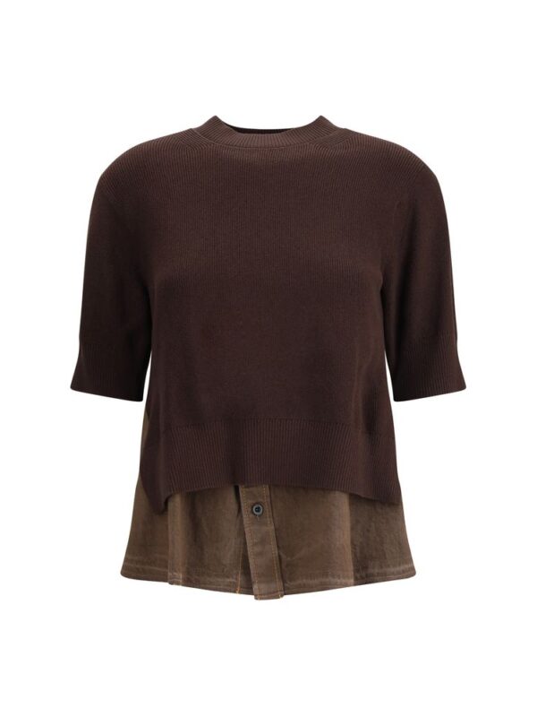Brown knit sweater layered over a brown button-up shirt.