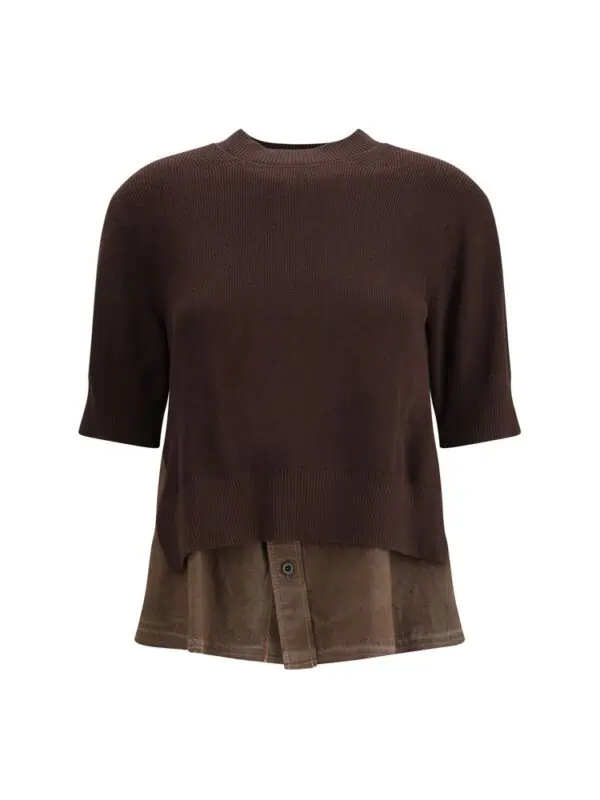 Brown knit sweater layered over a brown button-up shirt.