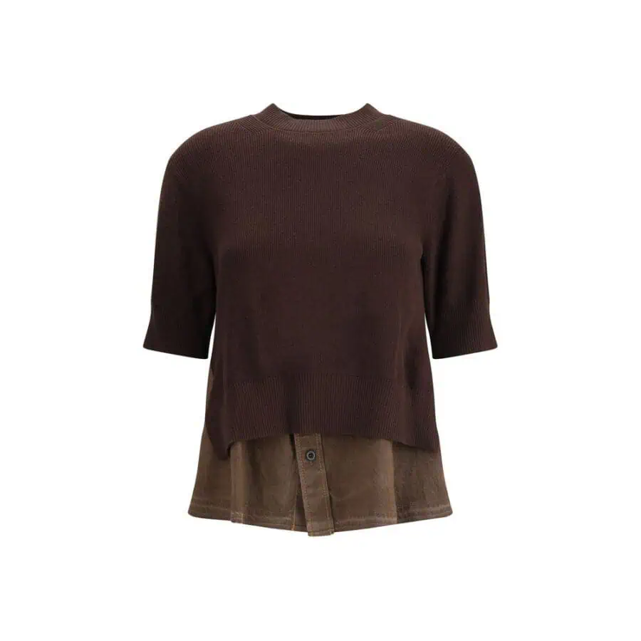 Brown knit sweater layered over a brown button-up shirt.