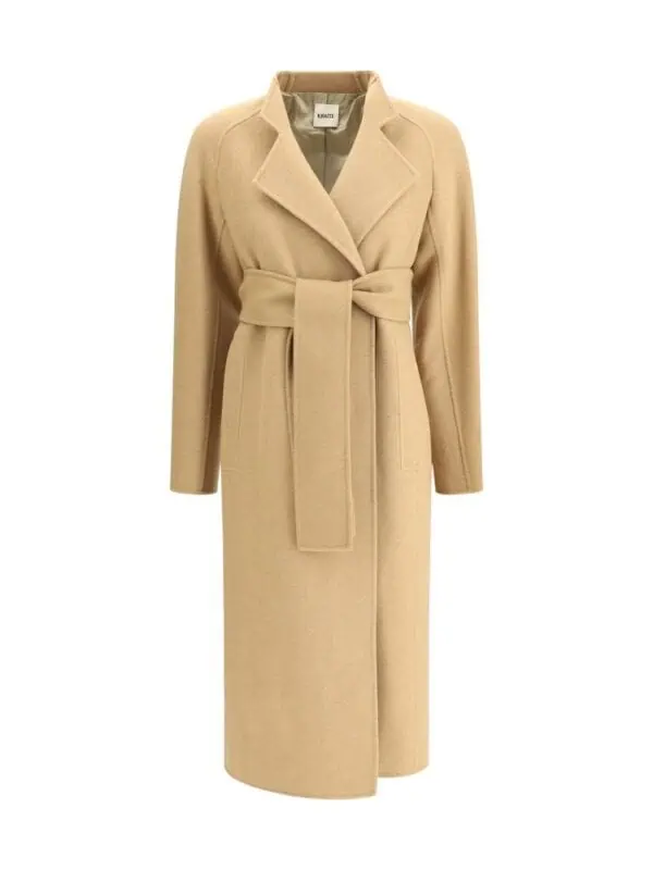 Lux Brands beige long wool coat with self-tie belt, tailored lapel, and full-length design, perfect for stylish winter wear.