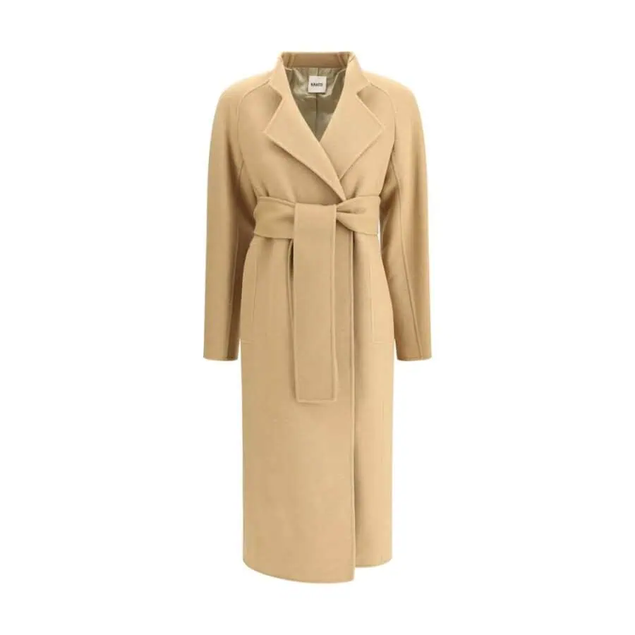 Lux Brands beige long wool coat with self-tie belt, tailored lapel, and full-length design, perfect for stylish winter wear.