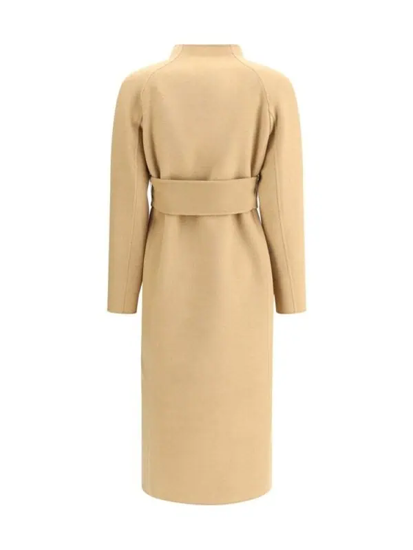 Luxurious beige long wool coat with belt detail, stylish and warm, perfect for winter fashion.