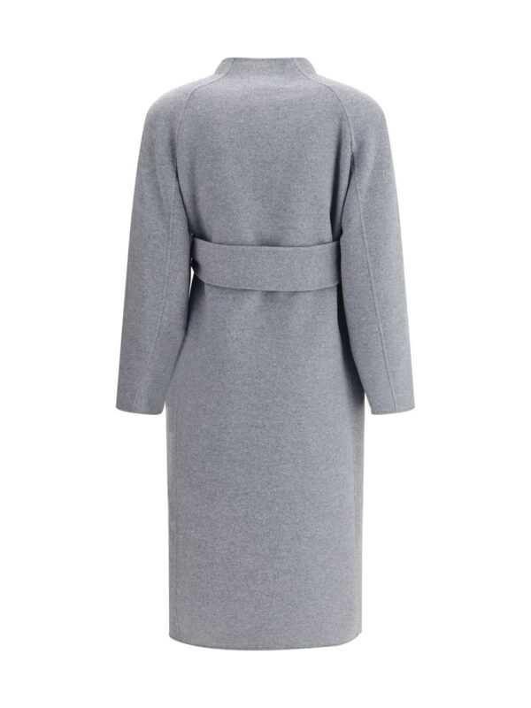 Lux Brands women's long grey belted wool coat, stylish and warm winter outerwear.