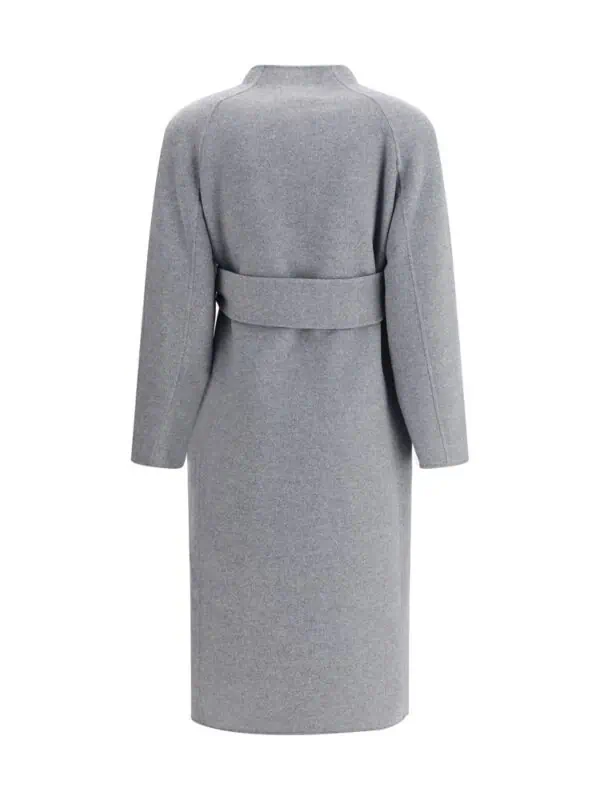 Lux Brands women's long grey belted wool coat, stylish and warm winter outerwear.