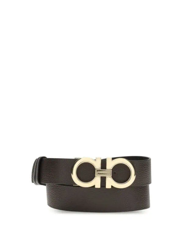 Black Leather Designer Belt with Gold Double Gancini Buckle - Elegant Luxury Accessory.