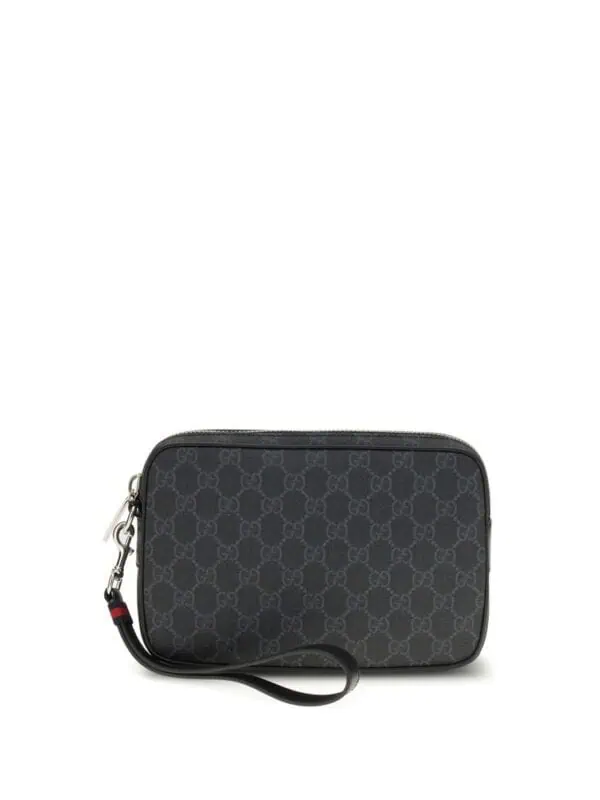 Gucci GG Supreme monogram canvas wristlet bag with leather wrist strap and silver-tone hardware, ideal for luxury fashion accessories.