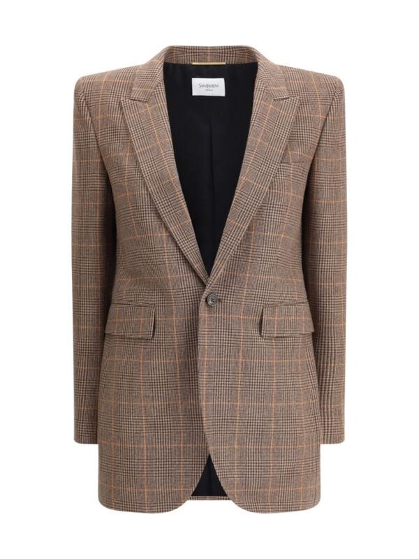Womens Checkered Blazer in Brown Tones, Elegant Tailored Fit, Perfect for Business and Casual Wear, Luxurious and Stylish.