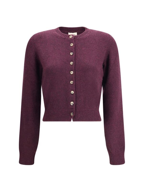 Luxury women's cardigan in deep plum color with classic button-up design and ribbed cuffs and hem. Perfect for adding elegance and warmth to any wardrobe. Suitable for casual and semi-formal occasions.
