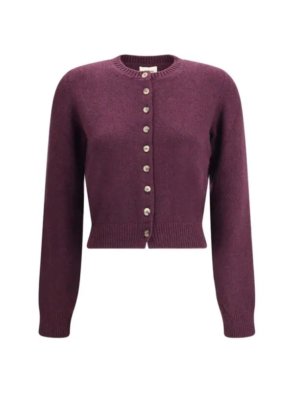 Luxury women's cardigan in deep plum color with classic button-up design and ribbed cuffs and hem. Perfect for adding elegance and warmth to any wardrobe. Suitable for casual and semi-formal occasions.