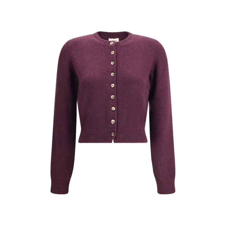 Luxury women's cardigan in deep plum color with classic button-up design and ribbed cuffs and hem. Perfect for adding elegance and warmth to any wardrobe. Suitable for casual and semi-formal occasions.