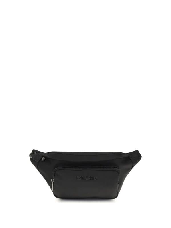 Black Dsquared2 logo embossed waist bag with adjustable strap and multiple zipper compartments for style and utility.