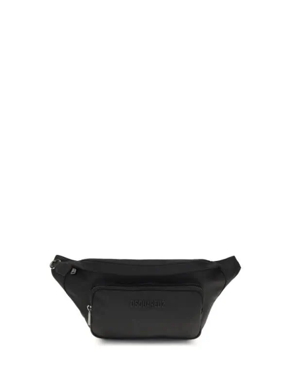 Black Dsquared2 logo embossed waist bag with adjustable strap and multiple zipper compartments for style and utility.