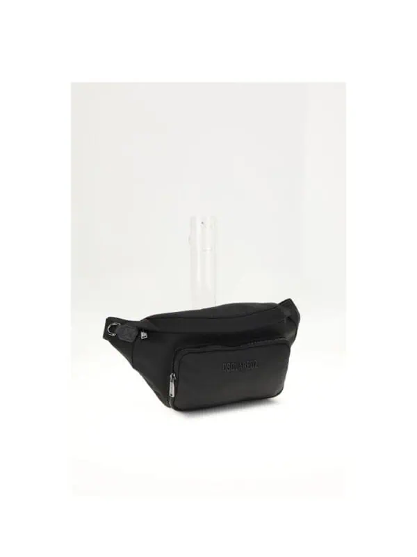 Compact black Dsquared2 waist bag with multiple zippered compartments and adjustable strap. Perfect for stylish everyday carry and travel essentials.