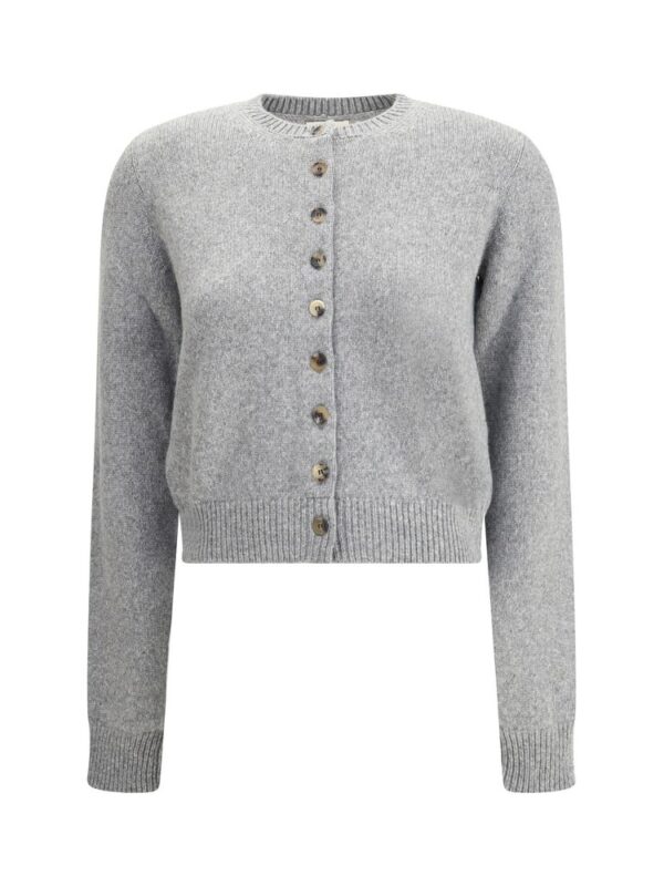 Soft grey cashmere cardigan with button closure, perfect for elegant winter outfits.