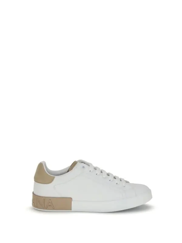 Premium white sneakers with beige accents and embossed brand logo, perfect for stylish casual wear.