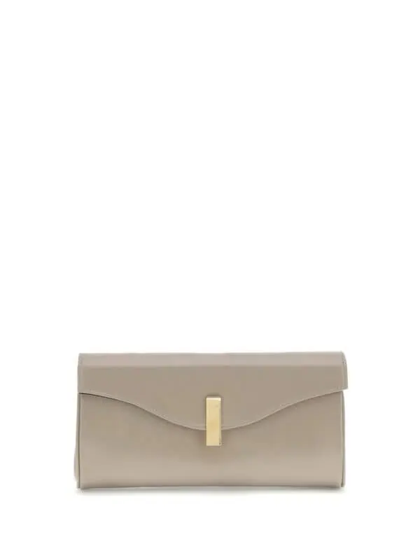 Elegant beige clutch purse with gold clasp for formal occasions and evening events. Stylish accessory perfect for adding sophistication to your outfit.
