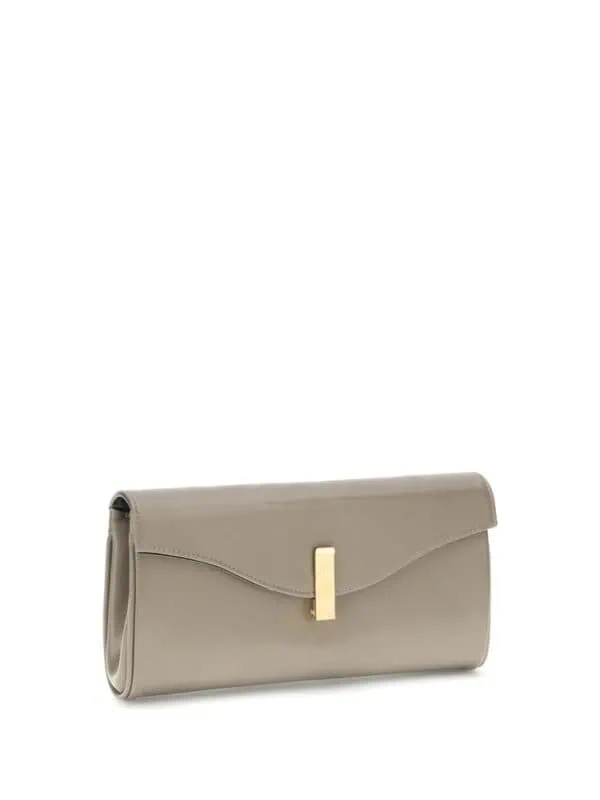 Elegant beige leather clutch bag with gold hardware, perfect for upscale occasions and evening events. Luxurious accessory by Lux Brands for a sophisticated look.