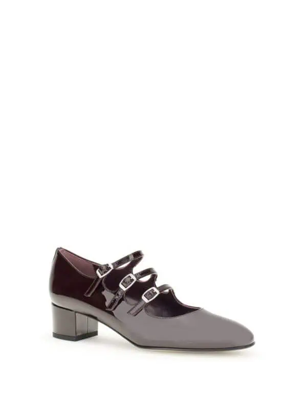 Polished burgundy patent leather women’s dress shoe with multiple straps and a low block heel.