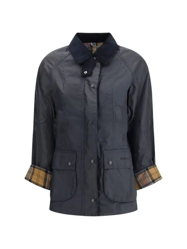 Black raincoat with plaid lining and large front pockets, stylish waterproof outerwear for women.