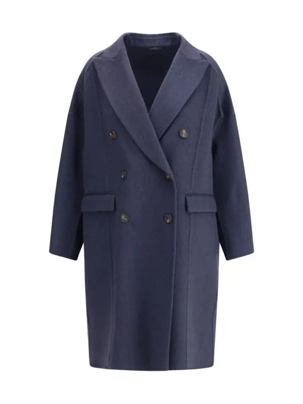 Lux Brands navy double-breasted wool overcoat with a classic tailored style, featuring wide lapels, front pockets, and button closure for a sophisticated winter look.