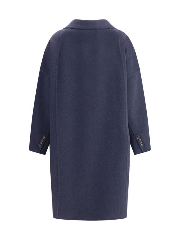 Lux Brands navy wool overcoat, stylish winter outerwear for men and women, featuring a tailored fit with buttoned cuffs and classic lapel collar. Perfect for sophisticated cold-weather wear.
