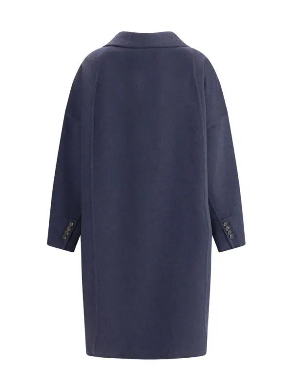 Lux Brands navy wool overcoat, stylish winter outerwear for men and women, featuring a tailored fit with buttoned cuffs and classic lapel collar. Perfect for sophisticated cold-weather wear.