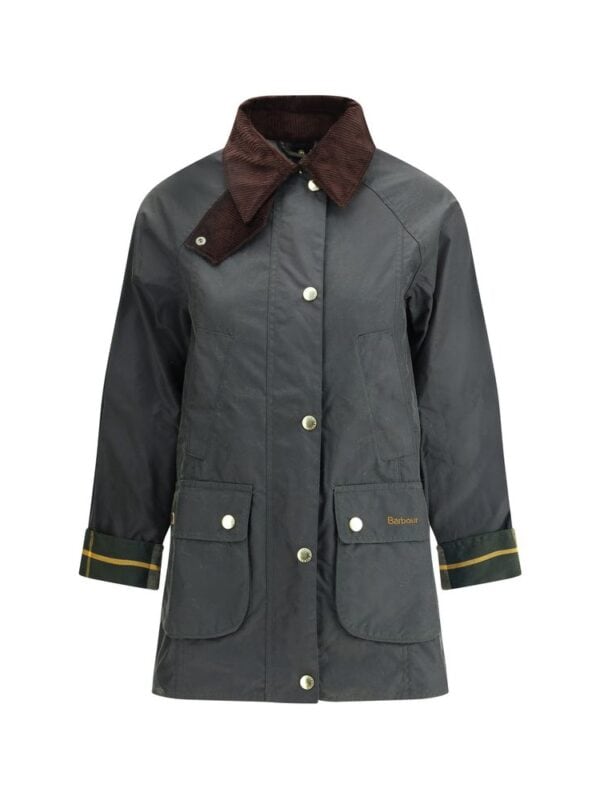 Vintage Barbour waxed jacket with corduroy collar and multiple front pockets for outdoor style and durability.