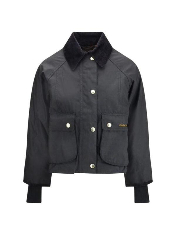 Black Barbour utility jacket with large front pockets and a corduroy collar, perfect for stylish outerwear.