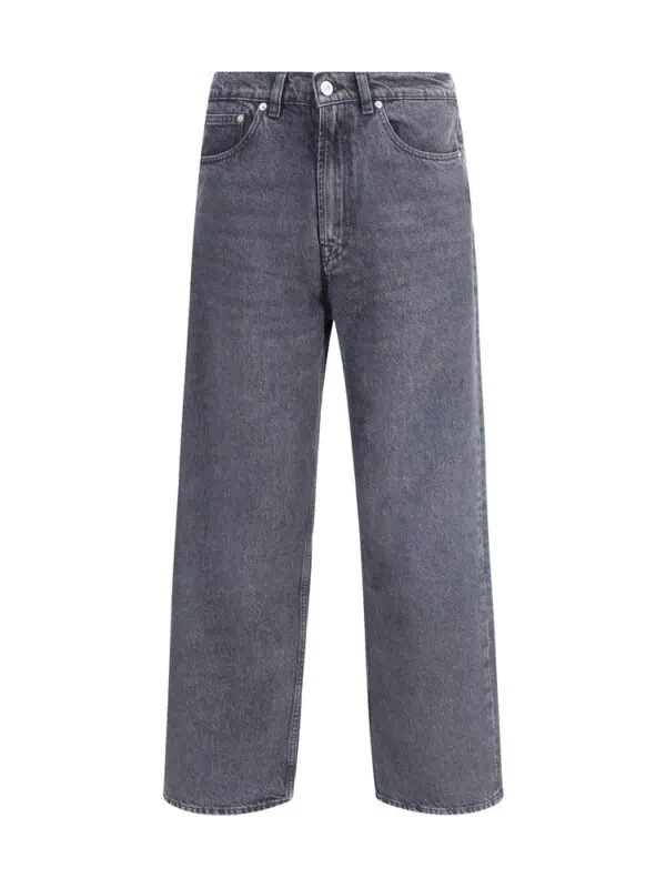 Dark wash high-waisted wide-leg jeans, stylish and versatile denim pants for a trendy casual look.