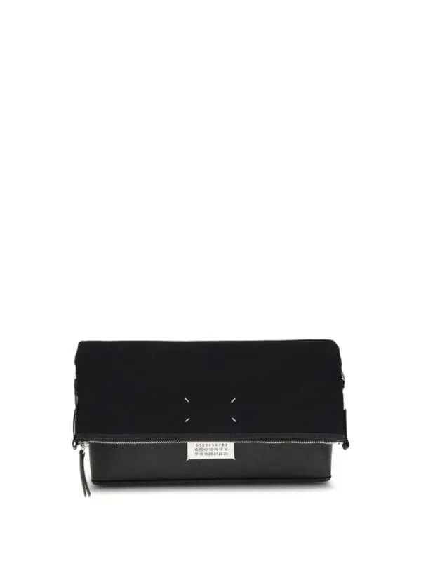 Black luxury designer clutch bag with sleek minimalist design, silver zipper, and modern detailing, perfect for elegant occasions and stylish accessories.