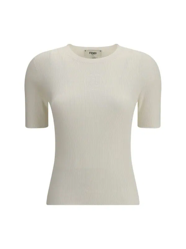 Soft white ribbed fitted short sleeve designer sweater by FENDI, luxury fashion staple for stylish women.