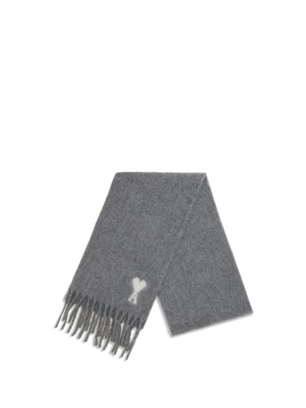 Lux Brands - Elegant grey cashmere scarf with fringe and embroidered heart logo, perfect for luxury fashion accessories and winter warmth.