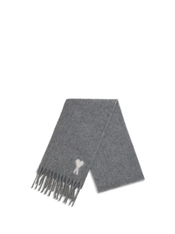 Lux Brands - Elegant grey cashmere scarf with fringe and embroidered heart logo, perfect for luxury fashion accessories and winter warmth.