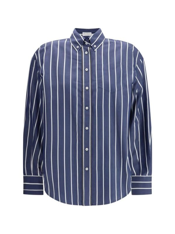Dark blue and white striped button-up shirt for women, featuring a classic collar and long sleeves, perfect for casual and professional wear.