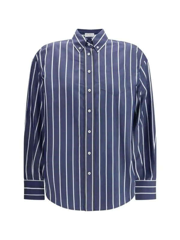 Dark blue and white striped button-up shirt for women, featuring a classic collar and long sleeves, perfect for casual and professional wear.