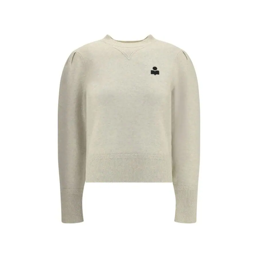 Soft cream-colored sweatshirt with black logo embroidery, featuring a relaxed fit, ribbed cuffs and hem, perfect for casual luxury fashion.