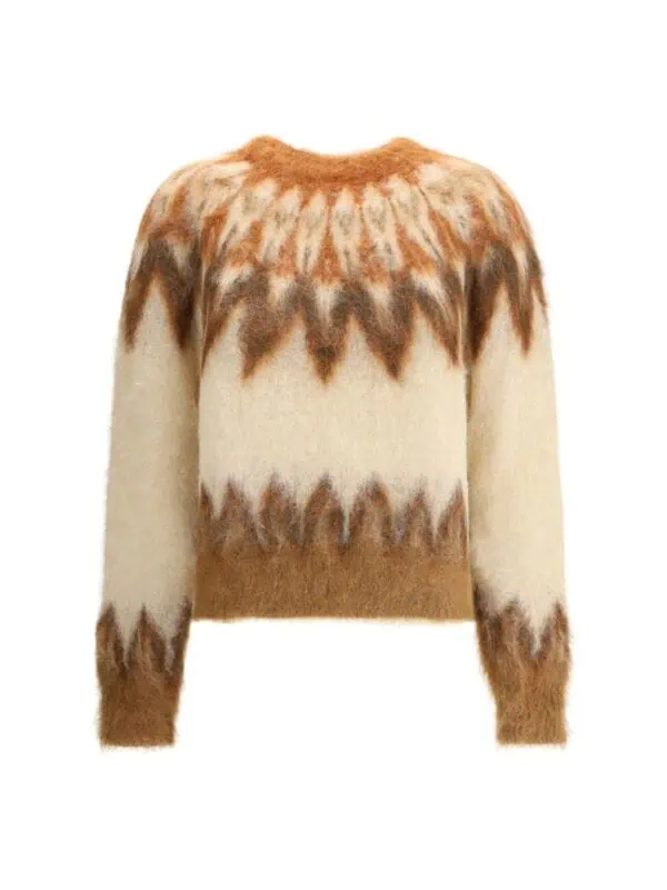 Luxurious fuzzy sweater with a warm, animal-inspired pattern in shades of brown, cream, and orange for stylish winter wear.