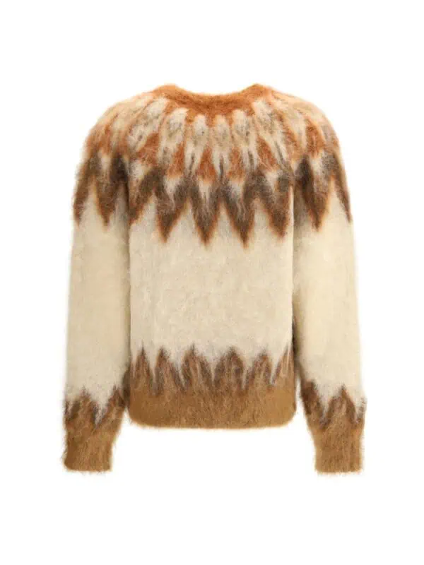 Luxurious color block wool sweater with a feather motif, featuring warm earth tones and cozy texture, perfect for winter.