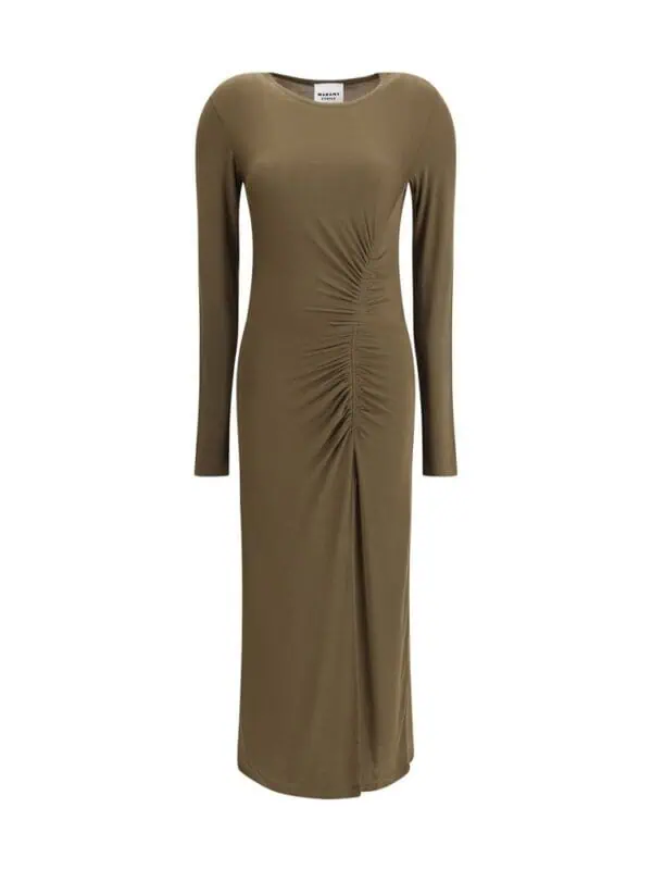 Lux Brands long olive green dress with ruched front and long sleeves, elegant and form-fitting for sophisticated occasions.