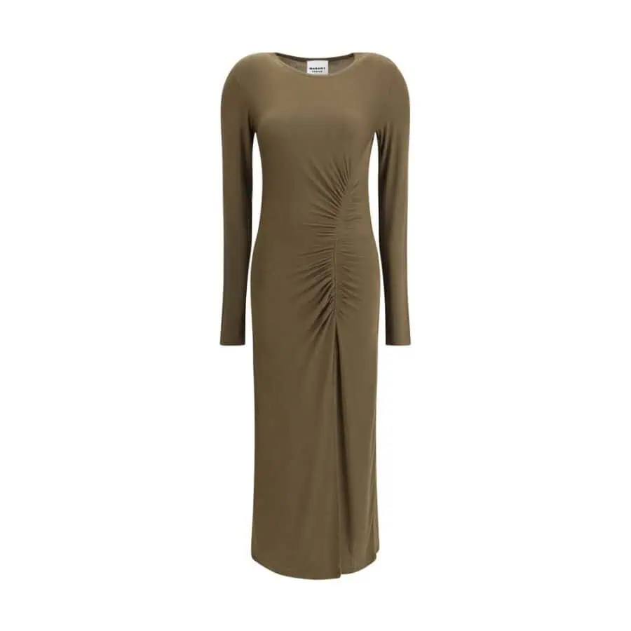 Lux Brands long olive green dress with ruched front and long sleeves, elegant and form-fitting for sophisticated occasions.
