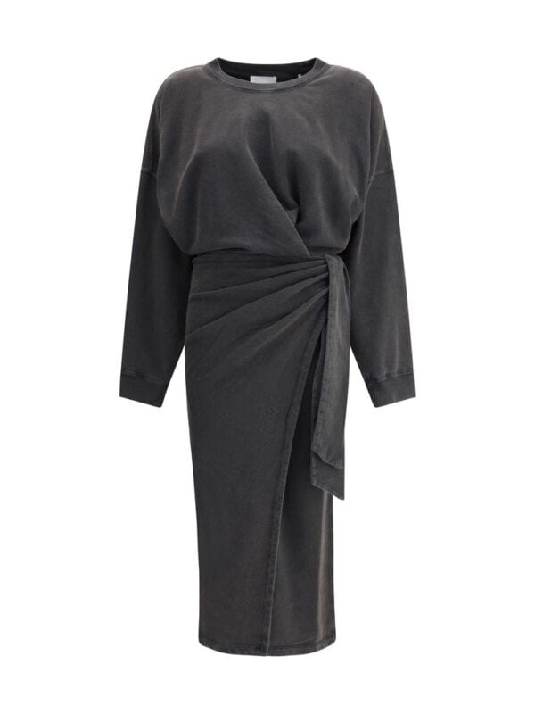 Black tie-dye midi dress with long sleeves and a front knot detail, perfect for casual or chic occasions. Made from soft, comfortable fabric for a stylish, relaxed look.