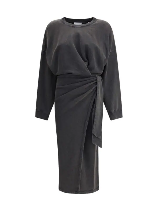 Black tie-dye midi dress with long sleeves and a front knot detail, perfect for casual or chic occasions. Made from soft, comfortable fabric for a stylish, relaxed look.