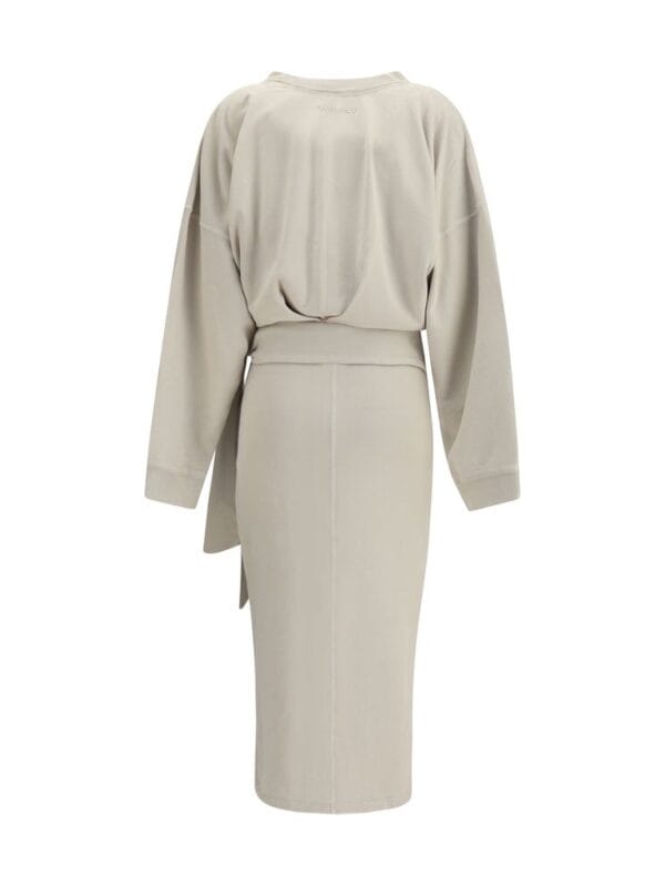 Silky beige co-ord set with oversized sweatshirt and matching midi skirt, sophisticated and comfortable outfit for casual or semi-formal occasions.