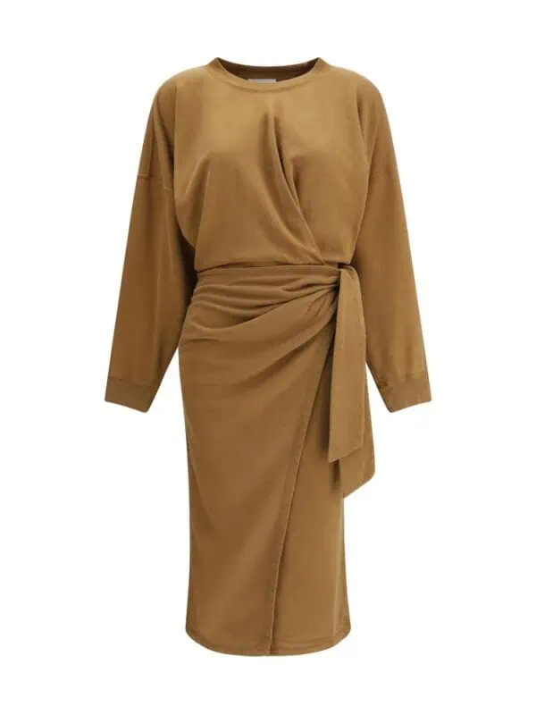 Lux Brands women's tan oversized sweatshirt with a draped wrap skirt design for a fashionable, comfortable look. Ideal for stylish casual wear and versatile everyday outfits.