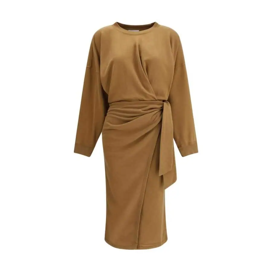 Lux Brands women's tan oversized sweatshirt with a draped wrap skirt design for a fashionable, comfortable look. Ideal for stylish casual wear and versatile everyday outfits.